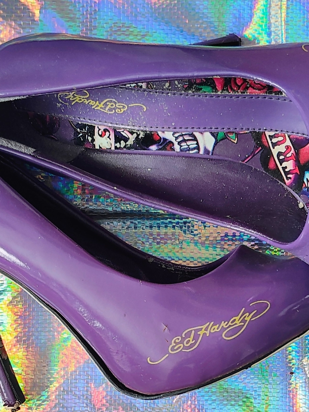 Ed Hardy Purple Patent Stiletto Pumps with Gold Signature